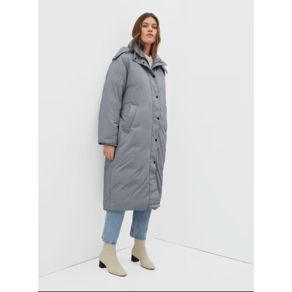 Everlane Womens The Duvet Puffer Coat Medium Blue Gray Down Long Belted NWT - Picture 2 of 13